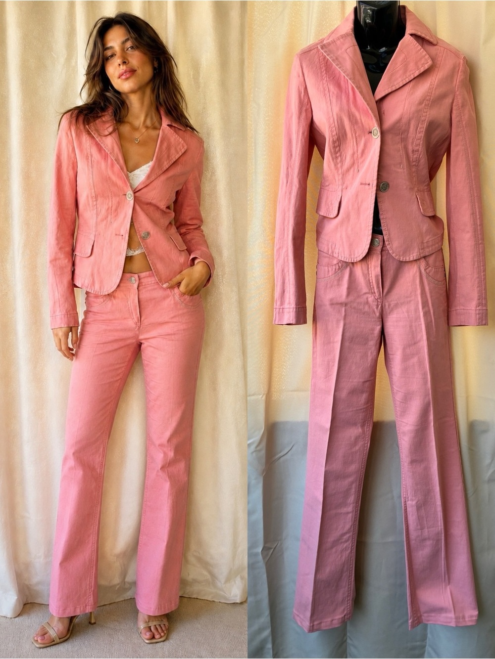 Vintage 90s Y2K Apriori by Escada Coral Denim Jacket & Low Rise Jeans Set Size 6